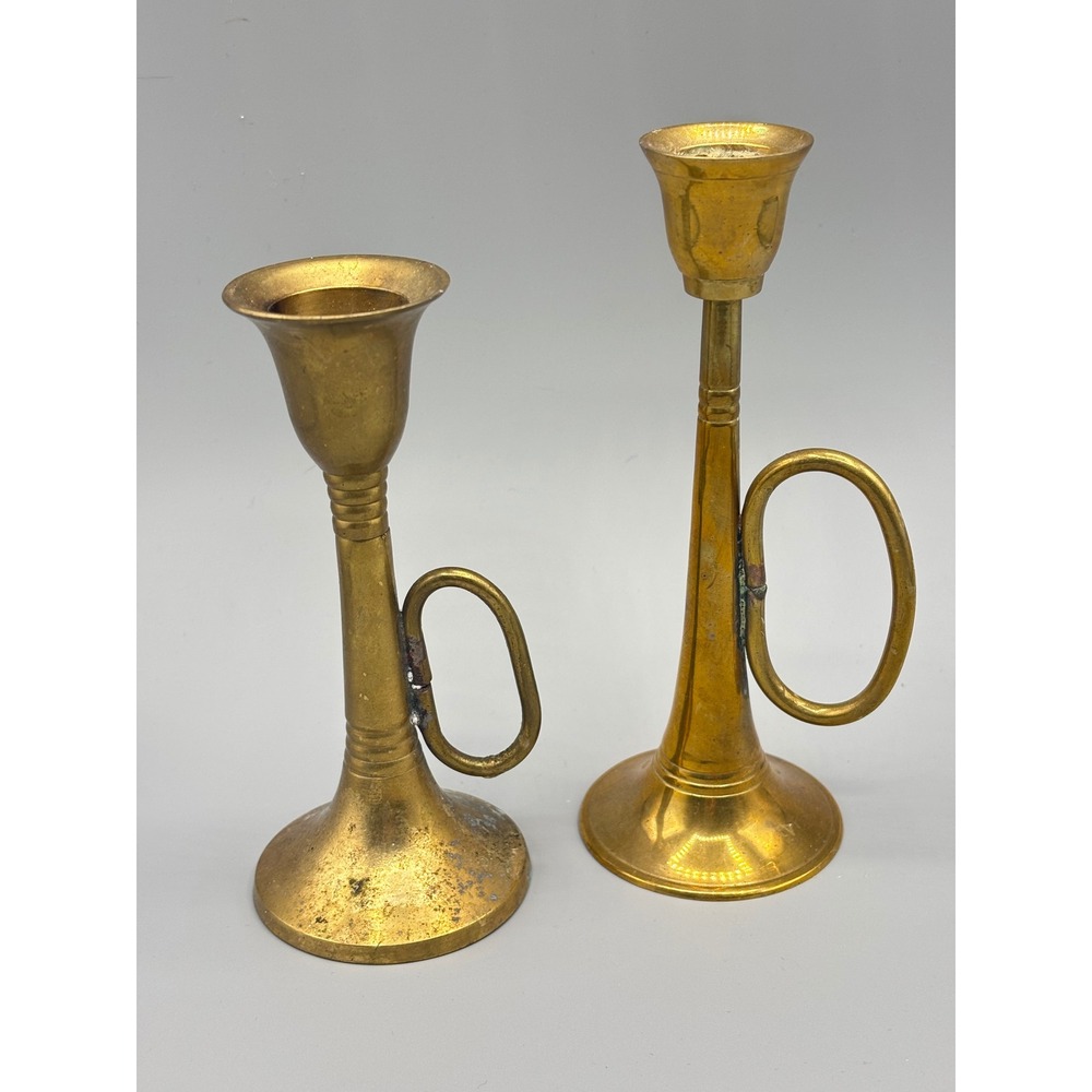 Vintage Brass Candlestick Holders Trumpet Horn Handle Taper Candle